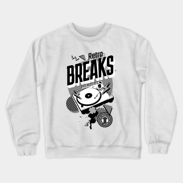 BREAKBEAT - Retro Breaks Turntable (Black/Grey) Crewneck Sweatshirt by DISCOTHREADZ 